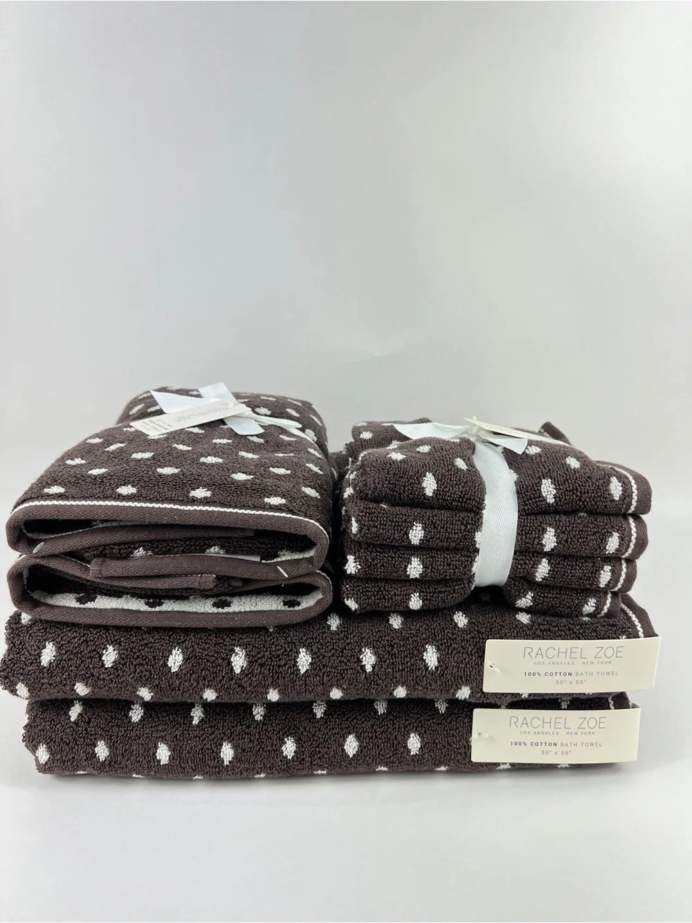 Rachel Zoe Bath Towel Set Brown Off White Polka Dots Soft 100% Cotton 8 Pc NEW